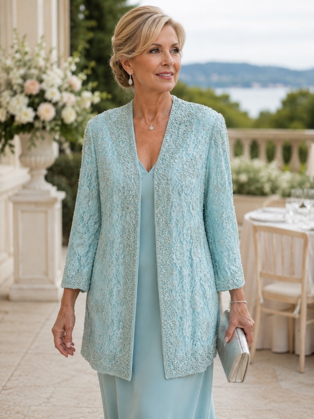 Vintage I. Magnin Silk Beaded Lace Mother of Bride Jacket Aqua XL